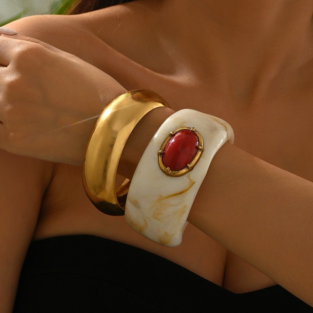 Statement Bangle Bracelet with Red Stone Accent ✨